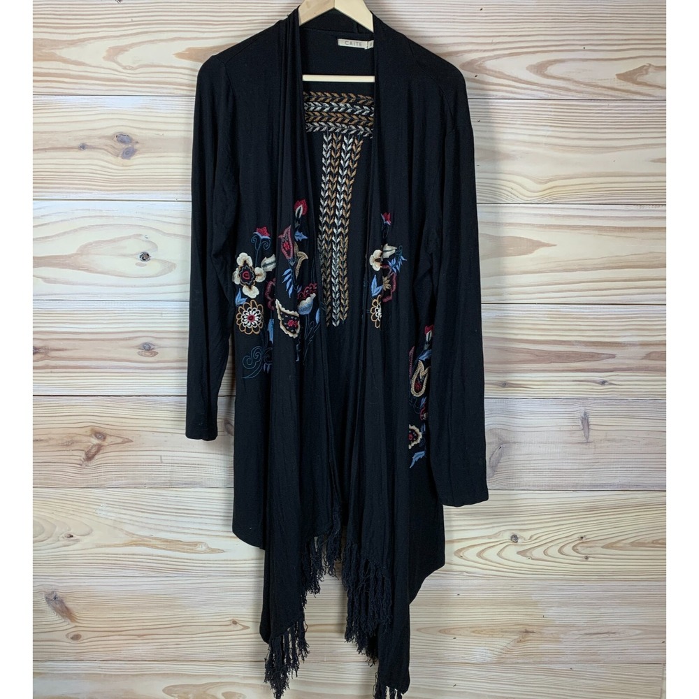 Caite x Athleta Cardigan Women XL Open Waterfall Wrap Embroidered Fringe‎ Boho